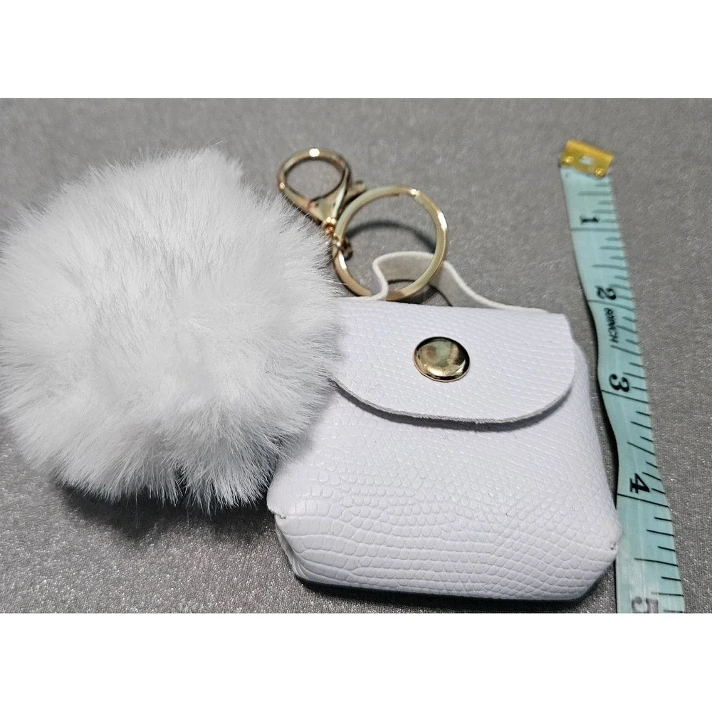 White Croc Embossed Mini Bag Keychain with Faux Fur Pom Pom Charm Gold Hardware